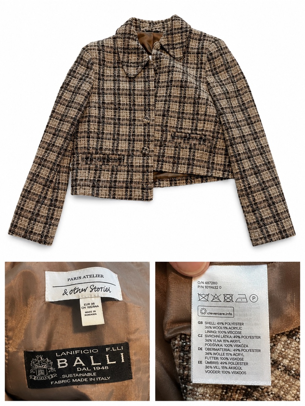 & Other Stories Brown and Black Plaid Tweed Cropped Blazer